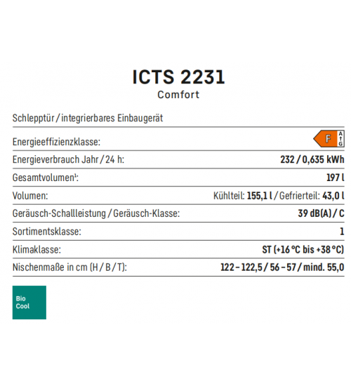 LIEBHERR利勃海尔ICTS 2231 生物酷 智能霜冷 嵌入式冰箱冰柜